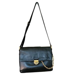 Vintage Bloomingdale',s Black Leather Crossbody Gold Tone Chain and Hardware
